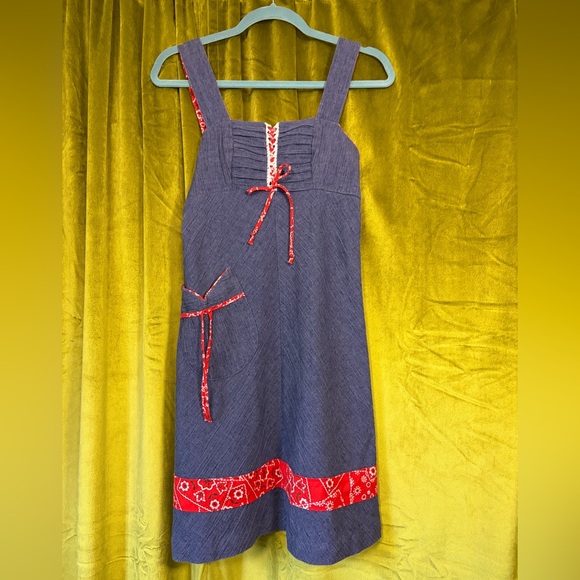 Vintage 1970s Blue & Red Handkerchief Print Lace Up Mini Dress. Size XS - Picture 3 of 8
